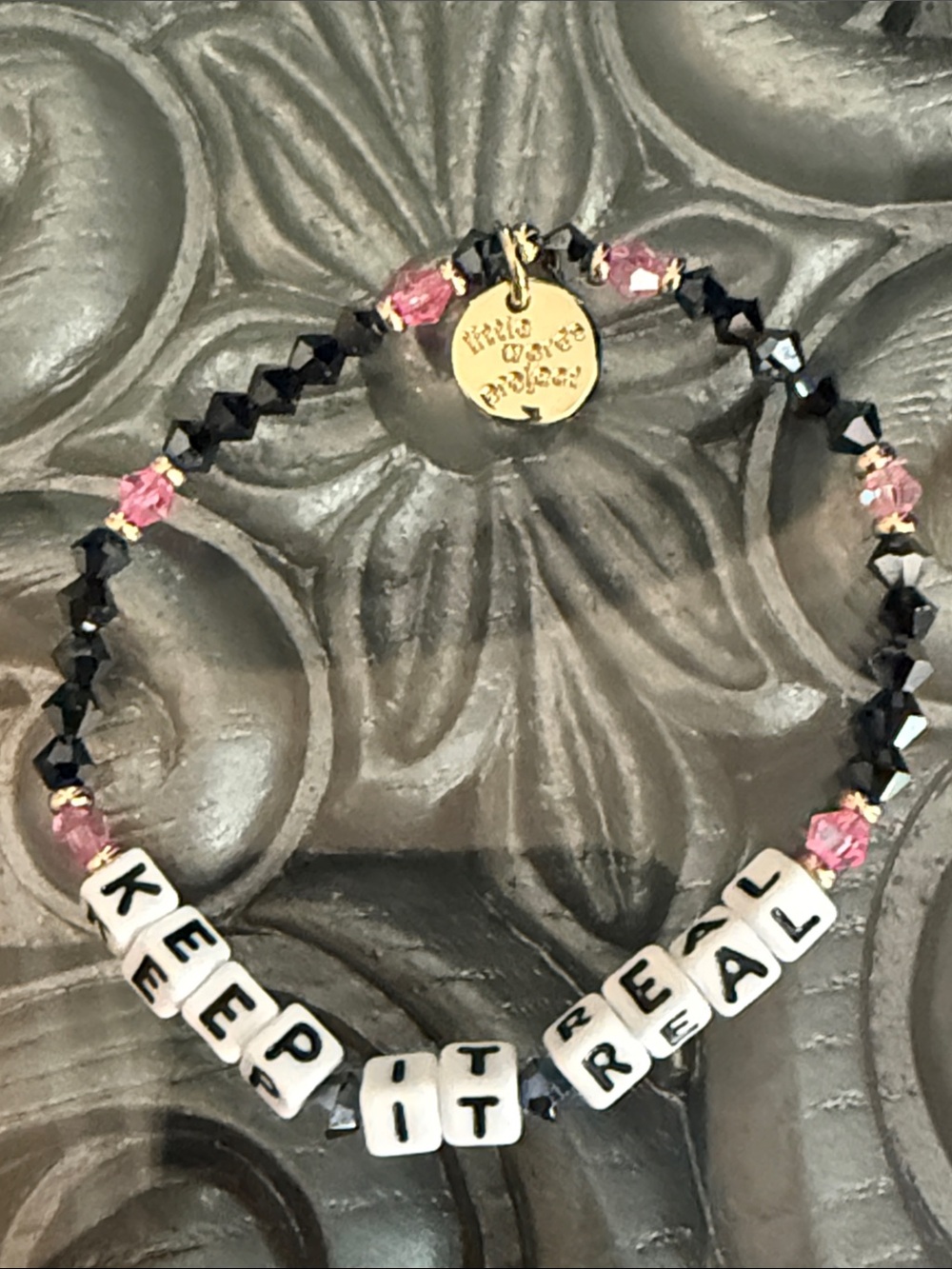 Little Words Project Keep It Real Beaded Stretch Bracelet Pink & Black Crystals - Picture 2 of 8